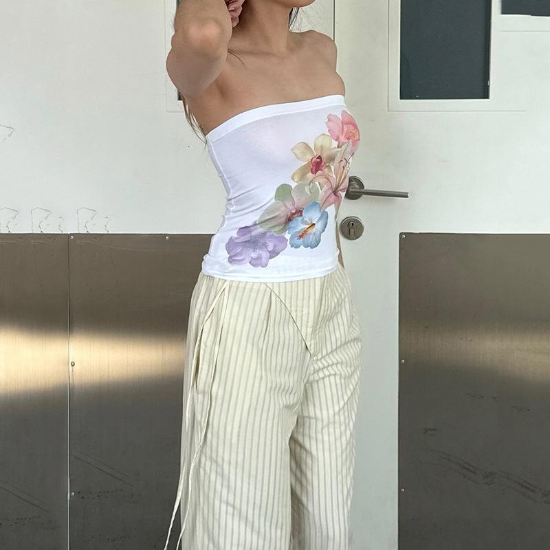 Slim Flower Romantic Interior French Design Printing High Skinny Niche Pure Desire Women's Tube Top Outer Wear