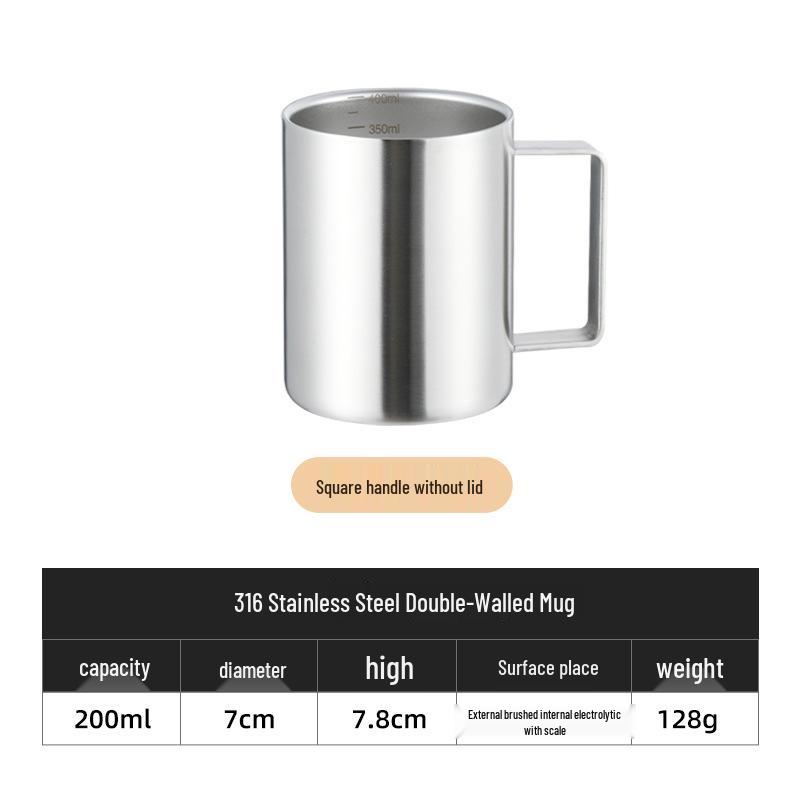 

316 Stainless Steel Double-Layer Mug with Square Handle - Anti-scald Coffee Cup for Home, School, and Kindergarten Use. 200-400ML