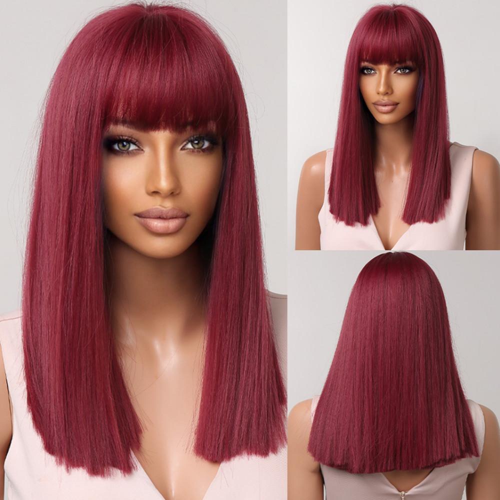 LOUIS FERRE Short Ash Brown Hair Wig for Women Synthetic Ombre Brown Straight Wigs With Bangs Shoulder Length Brown Natural Hair