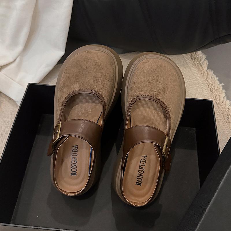 2025 Frühling neue Wildleder Retro Oberbekleidung Tasche Kopf Hausschuhe Damen dicker Boden ein Pedal kleine halbe Hausschuhe