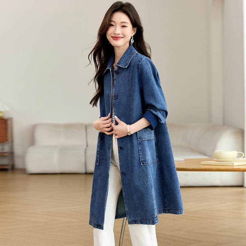 Dámská džínová bunda střední délky s velkými kapsami - Ležérní zeštíhlující trenčkot na jaro a podzim