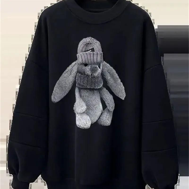 Sweater Women's Plus Velvet Thickened Tide Bear Round Neck Sweater Jacket Head