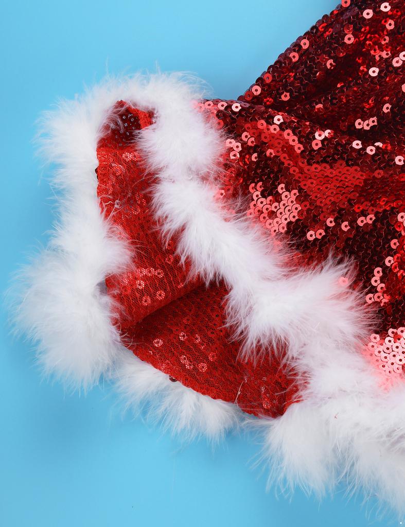 Kids Girls Santa Costume Outfit Sleeveless Sequin Tutu Dress Dance Show Fancy Dress Set for Christmas Cosplay Party
