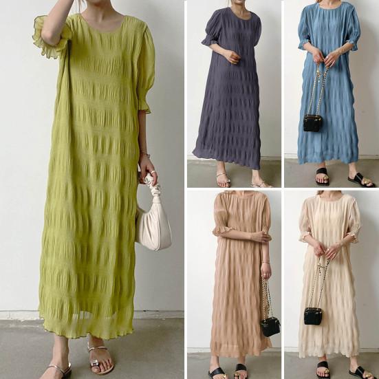 

Женское летнее платье с короткими рукавами-фонариками, шифоновое текстурированное свободное лоскутное платье с рюшами, сплошной цвет с круглым вырезом, прямое платье макси для свиданий чёрный