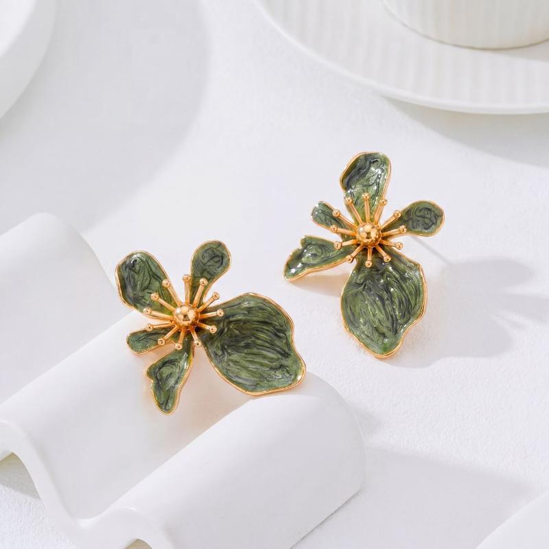 Marbled Enamel Flower Earrings with Polished Gold Trim Lovely Chic Design for Wedding Prom Party Gift for Her