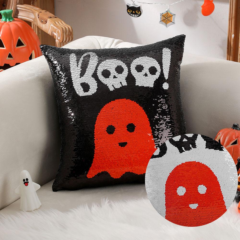 Sequins Throw Pillow Cover Funny Cute Ghost Pillowcase Decorative Cushion Cover for Home Sofa Living Office Car Party Decor