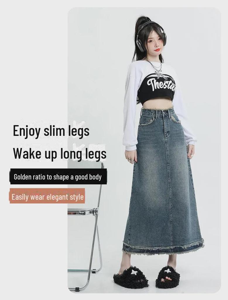 Retro Washed Denim Midi Skirt for Women, 2023 Spring/Summer, XS-XL, Spandex Blend