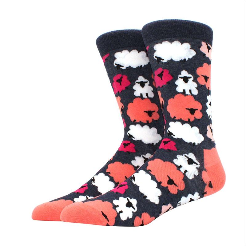 Roliga glada herrstrumpor med grafisk design, kammad bomull, omelett, groda, galen klocka, lax, majs, fågel, fisk, strumpa, julklapp