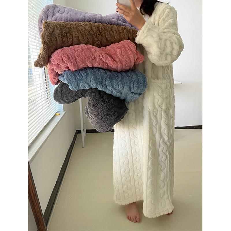 Fashion Winter Women Nightgowns Jacquard Dress Night Dress Loose Solid Color Thickened Flannel Sleepwear Home Clothes