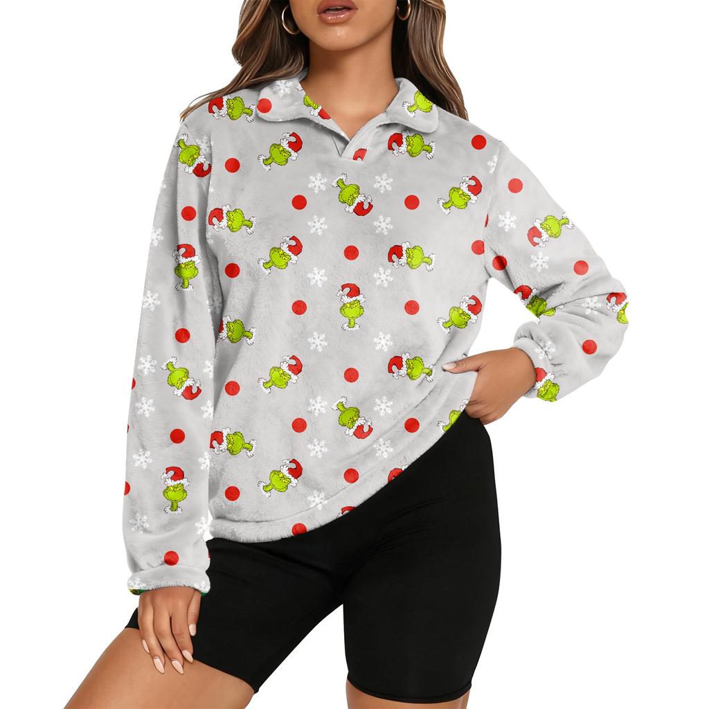 Women's Stand Collar Pullover Long Sleeve Top Christmas Print Sports Top