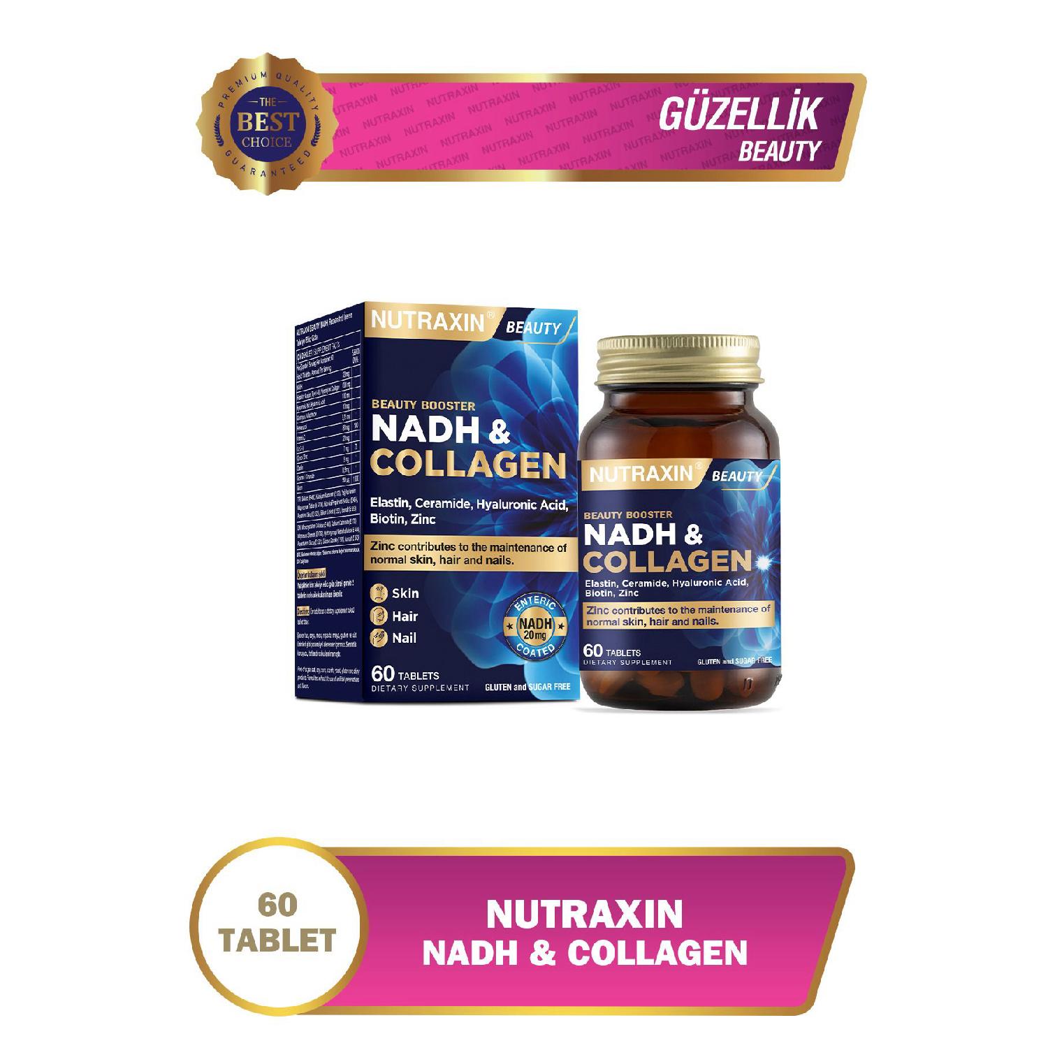 

Nadh Collagen 60 Tablet Type1 Type3 Hyaluronic Acid, Elastin, Ceramide, Resveratrol Glutathione