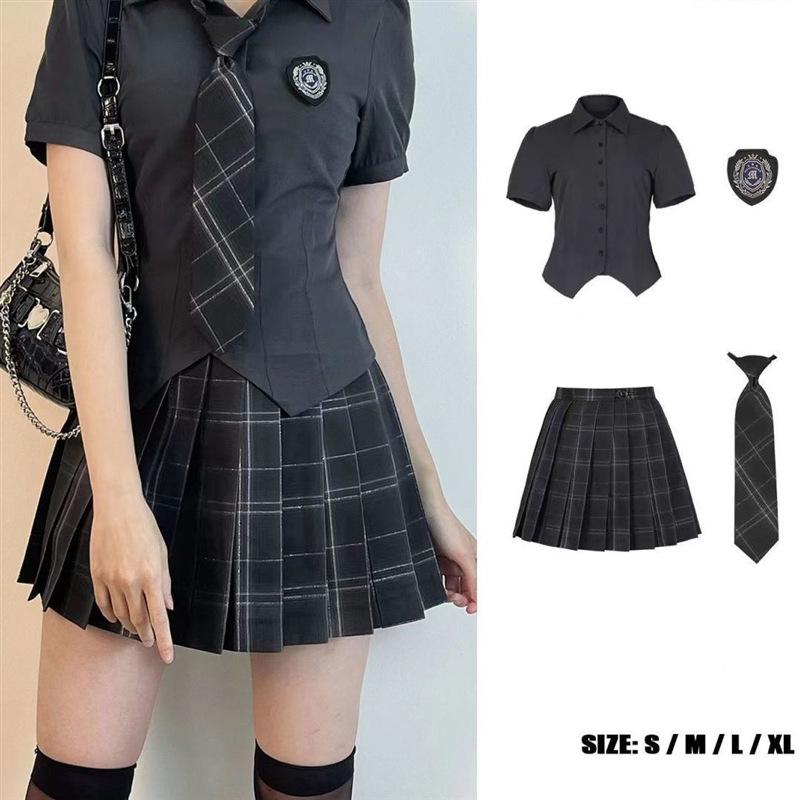 Women's Preppy Style Waist-Hugging Short-Sleeved JK Uniform Skirt Set