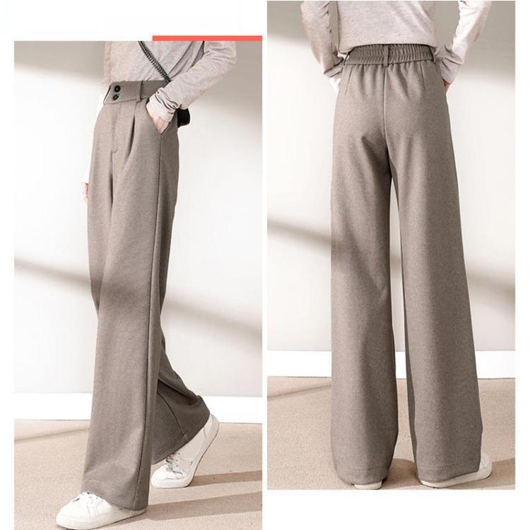Women High Waisted Woolen Pants Autumn Winter Thick Wide Leg Draping Trousers Outside Wear