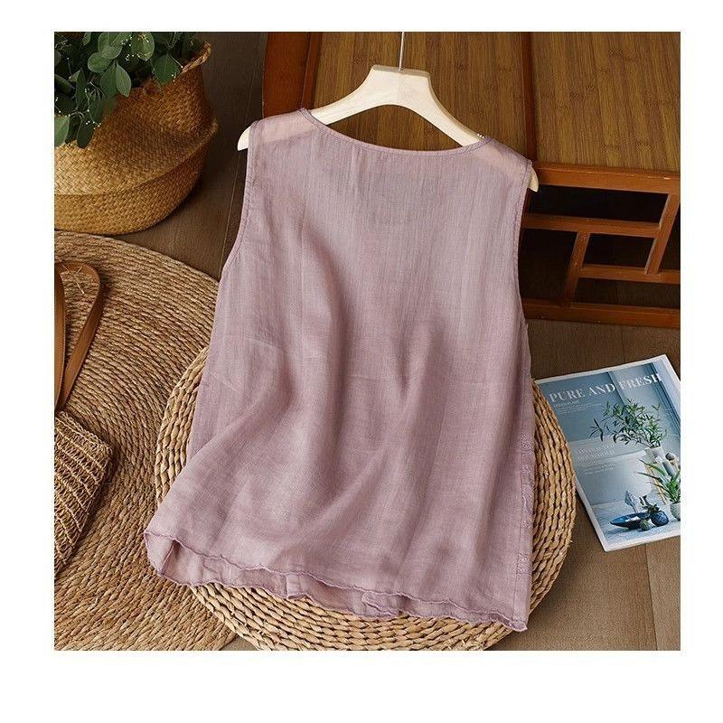 Canotta da donna senza maniche con ricamo geometrico, girocollo, casual, vestibilità ampia, camicetta in misto lino