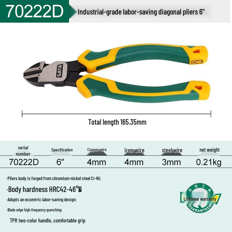 SATA 70221D, 70222D, 70223D Electrician's Tools: Combination, Long Nose, and Diagonal Cutting Pliers with Wire Cutters.