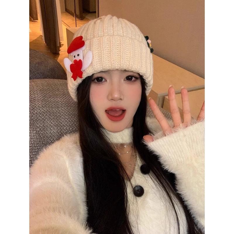 Red Christmas Woolen Hat Autumn and Winter Korean Style Versatile Face Showing Small Knitted Hat Big Head Warm Hat Women