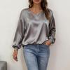 Women Long Sleeve Blouse Solid Color Round Neck Loose Fit Tops Casual Wear for Work Party Date