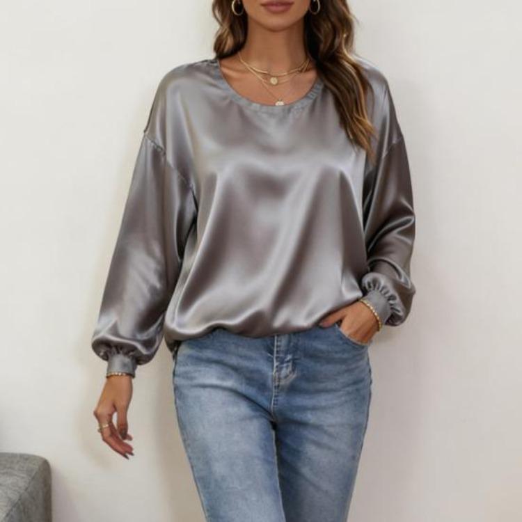 Women Long Sleeve Blouse Solid Color Round Neck Loose Fit Tops Casual Wear for Work Party Date