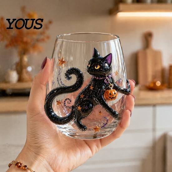 Grande Tazza da Bere per Ufficio Halloween Vetro Artigianale, Calici Senza Gambo con Zucca Fantasma Gatto Nero Ragnatela Vetro Trasparente Cucina