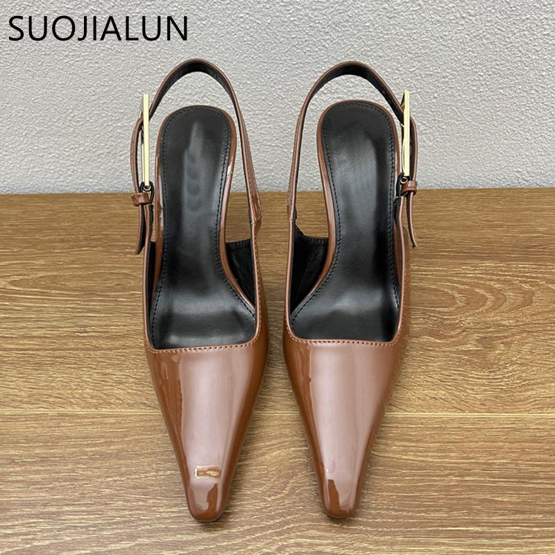 Fashion SUOJIALUN Spring New Brand Women Sandal Fashion Pointed Toe Shallow Slip On Slingback Shoes Thin High Heel Outdoor Dress Pumps