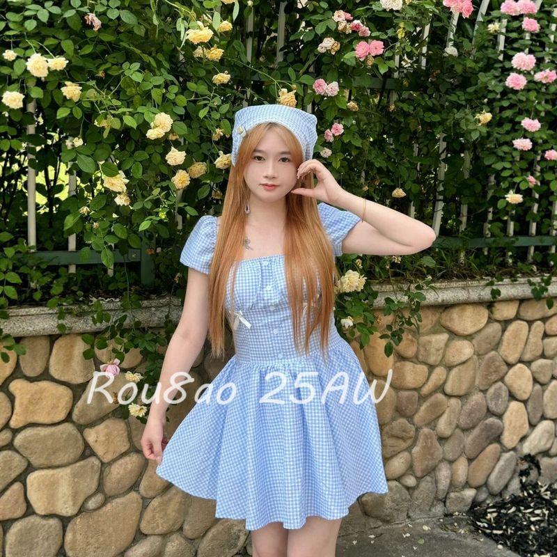 

Rou8Ao Plus-Size Women s Clothing Korean Style Sweet Plaid Puff Sleeve Dress for Women 2026 Summer Waist-Cinching Slimming Dress Blue Grid L