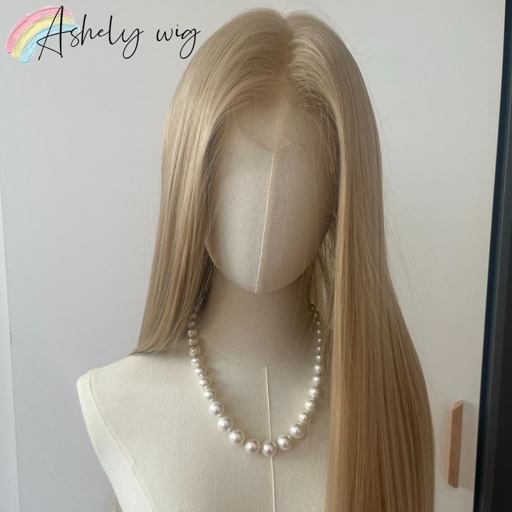 Peruka Ashely Platynowy Blond 26 cali 13x4 Koronkowa Peruka z Przodu Długa Prosta Syntetyczna Koronkowa Peruka Włókna Wysokotemperaturowe do Cosplay