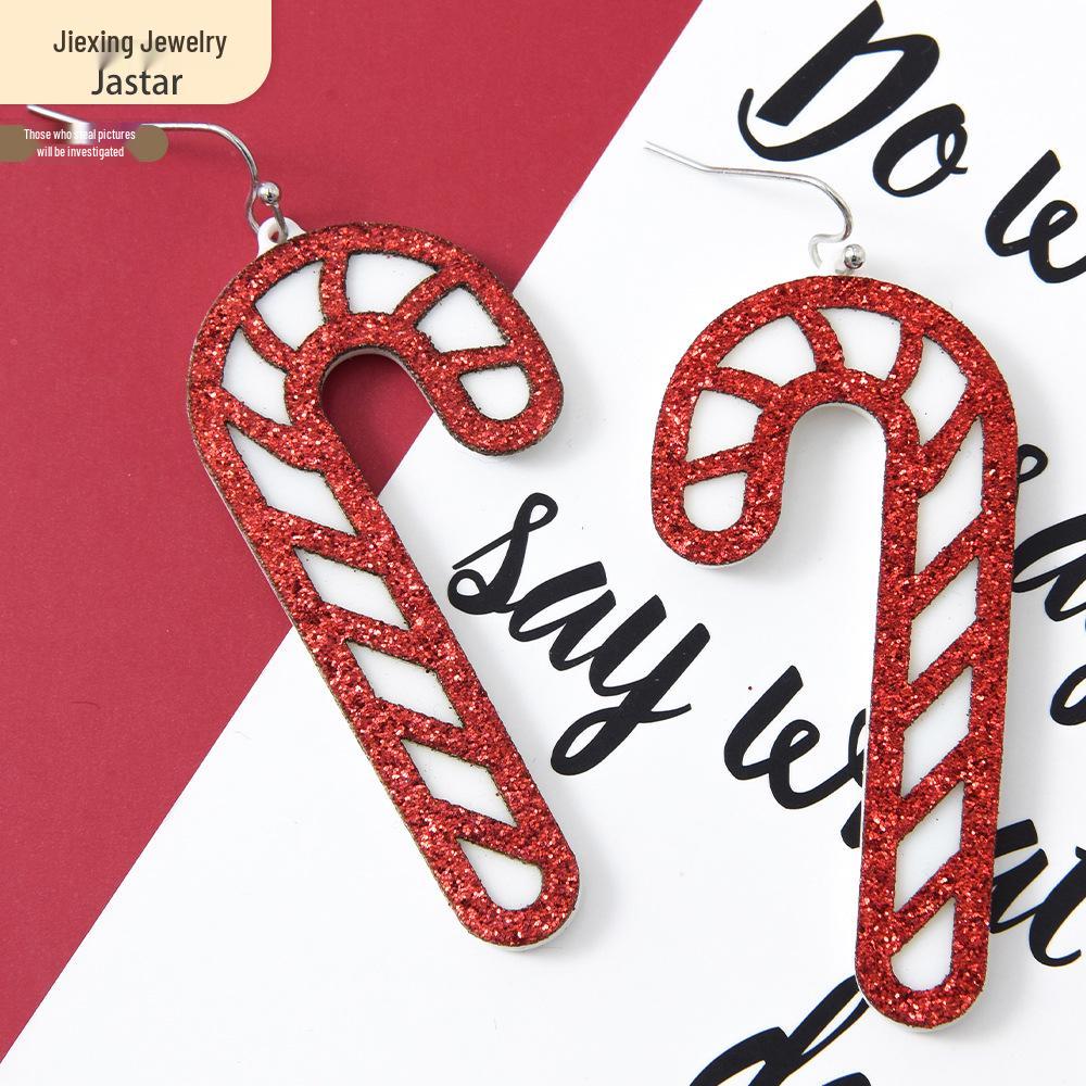 Red Acrylic Candy Cane Earrings - Simple Geometric Christmas Decorations for Women