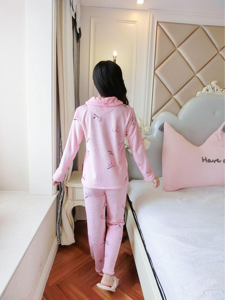 Women's Coral Fleece Pajamas: Warm, Thick Cardigan Lapel Homewear Set for Autumn and Winter