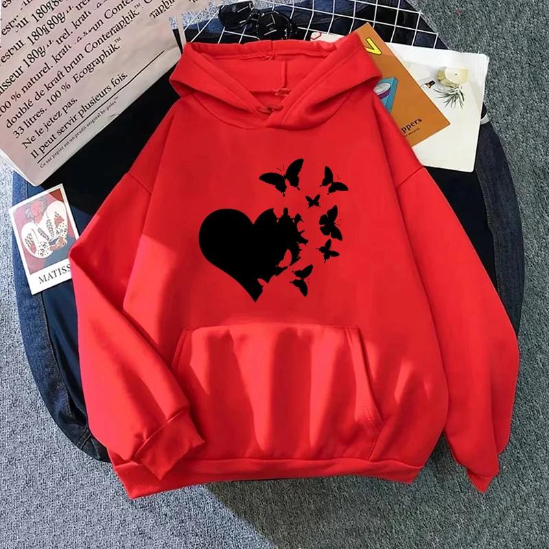 Heart Print Woman Hooded Sweatshirts Autumn Winter Daily Casual Sporty Hoodie Female Urban Fashion Warm Comfortable Hoody Coat