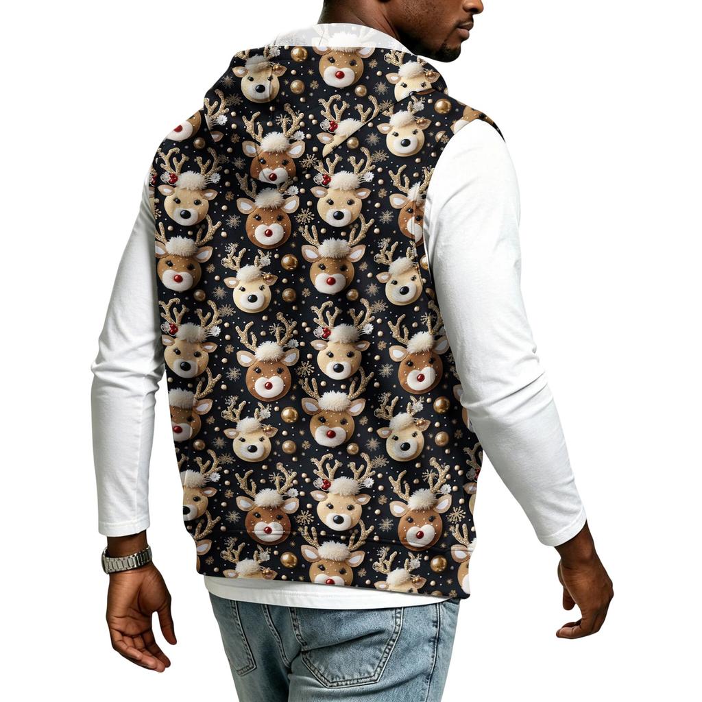 Gilet da uomo casual con cappuccio, senza maniche, con zip e stampa natalizia per feste di festa