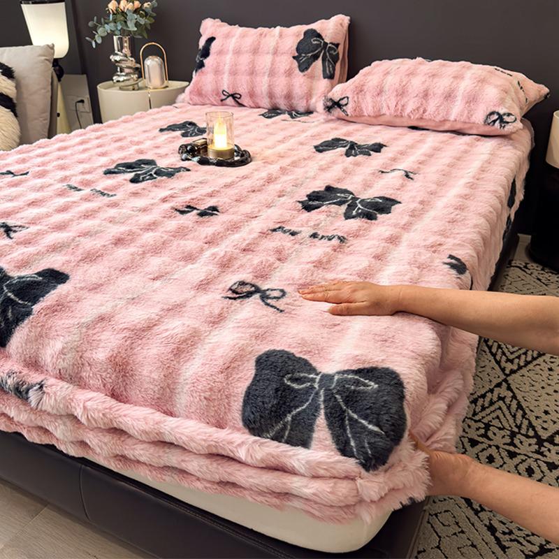 Set Lenzuolo con Angoli in Pelliccia di Coniglio Peluche: Foderato in Pile, Caldo per l'Inverno, Include Coprimaterasso - Set da 3 Pezzi per Letto Matrimoniale
