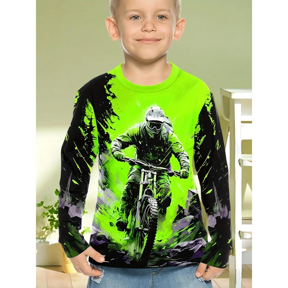 Spring and Autumn Round Neck Motorcycle Pattern 3D Printed Top Fashionable Casual Long Sleeved Children's Boy T-shirts