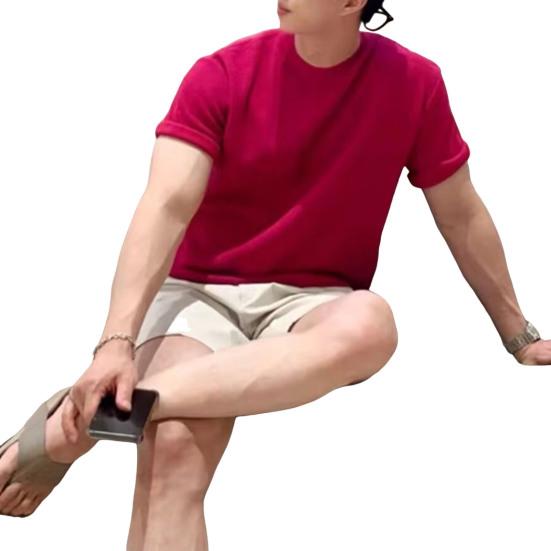 Summer Men T-Shirt Crew Neck Solid Color Short Sleeves Knitted Shirt Breathable Slim Fit Lightweight Basic Tee Casual Business Top