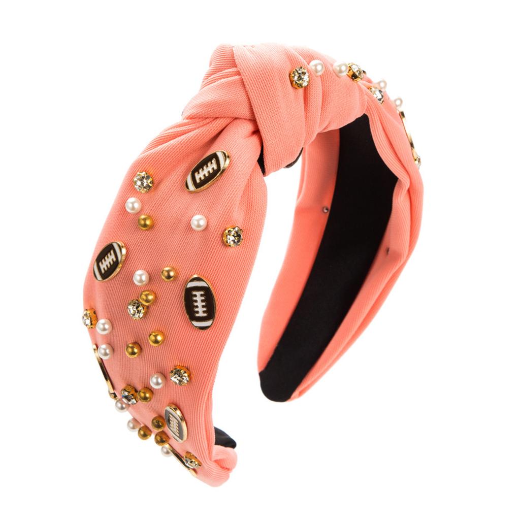 Women Fun Sports Football Embellished Headband Pearl Rhinestones Jeweled Headband Wide Top Knotted Hairband Headpiece