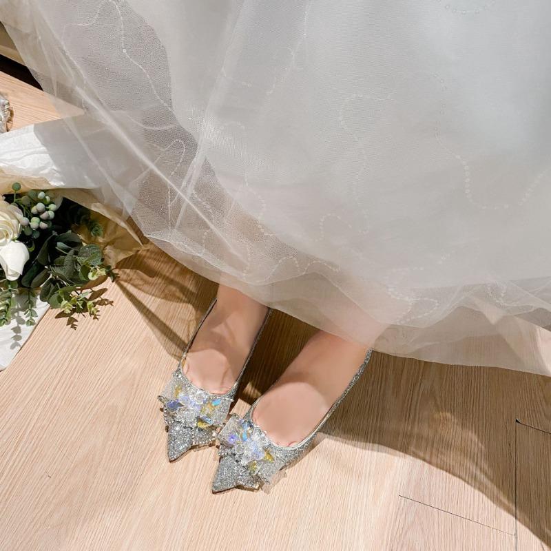 Two wearing high heels women's autumn and winter new pointed thin heel crystal diamond princess wedding shoes