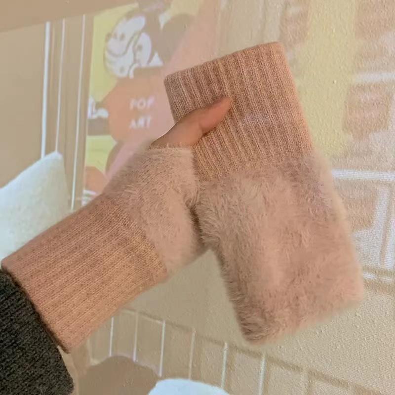 Soft Winter Half Finger Gloves Women Warm Luxury Solid White Plush Knitted Fingerless Gloves Wrist Mittens Writting