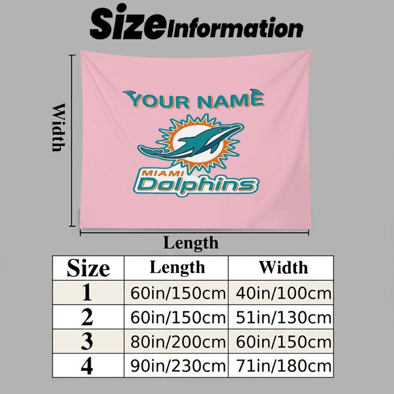 Benutzerdefiniertes Namensschild Miami Dolphins Bedruckter Wandteppich – Wandbehang für Schlafzimmer, Studentenwohnheime und Heimdekoration