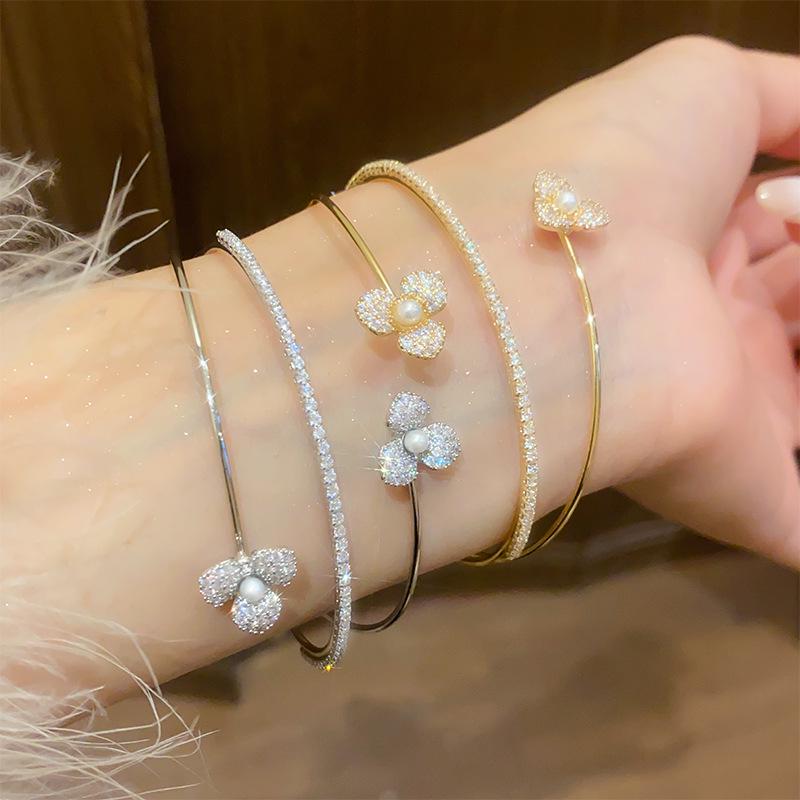 Exquisite Zircon Flower Multi-layer Open Bangle - Elegant Japanese and Korean Inspired Women's Jewelry