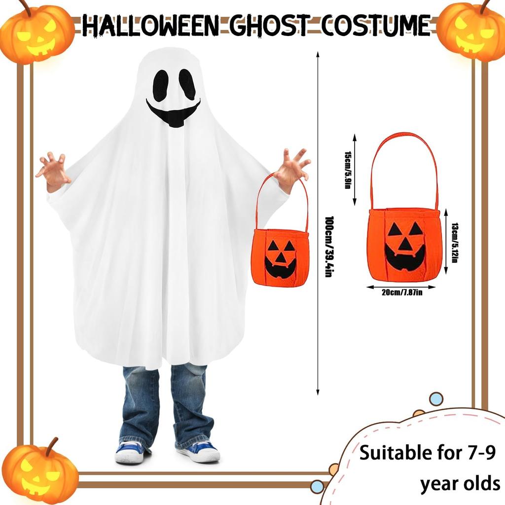 Halloween Ghost Costume Kids with Non-woven Pumpkin Trick or Treat Bags White Halloween Ghost Costume for Boys Girls