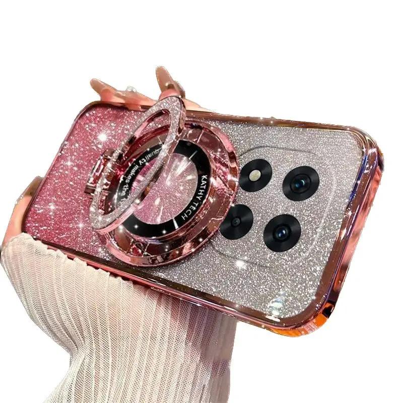 Luxury Plating For Redmi Note 14 Pro Plus 5G Magnetic Stand Holder Glitter Diamond Case For Redmi Note 14 4G/5G Silicone Cover