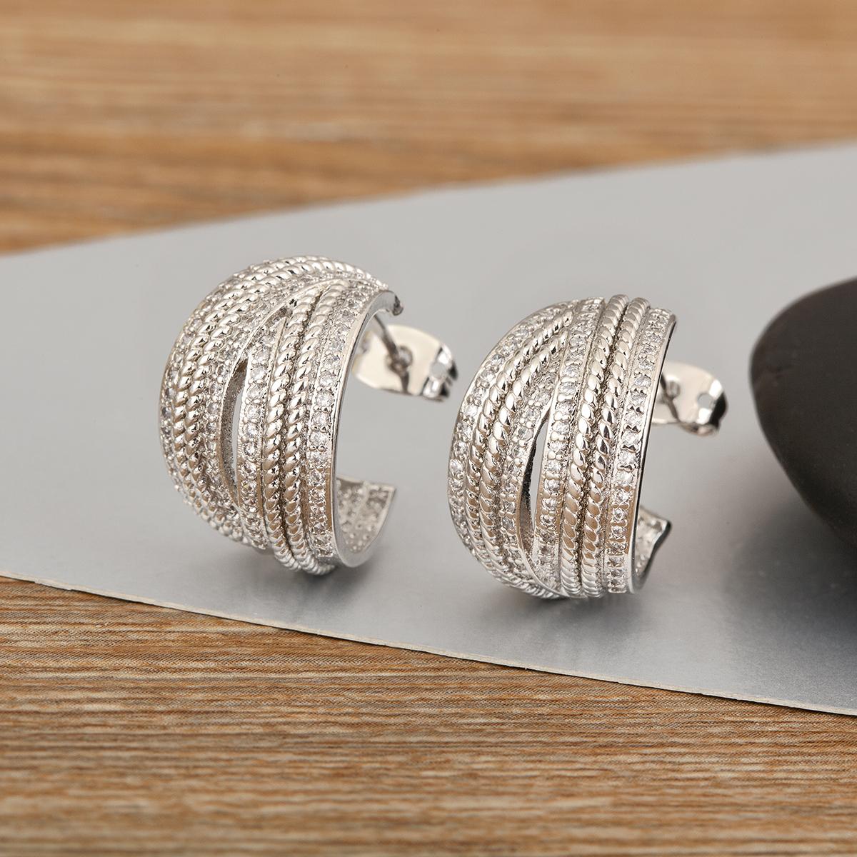 

Nidin New Retro Copper Shiny Crystal Zircon Multilayer Stud Earrings For Women Female Trendy Temperament Ear Jewelry Party Gifts серебряный