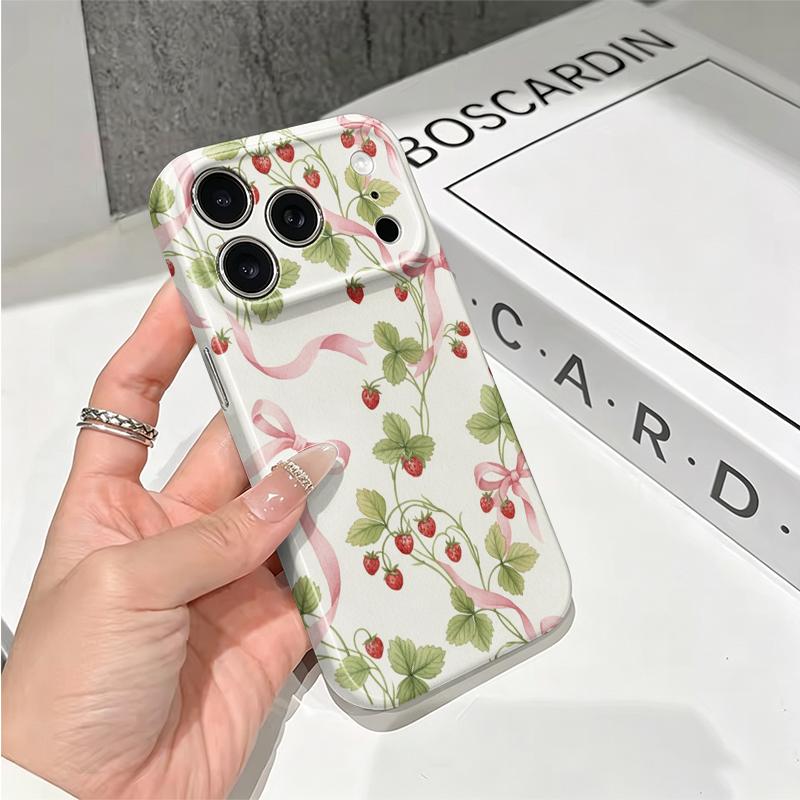 Soft Ribbon Strawberry Bow Floral Pattern Graphic Art Film Aesthetic Protective Shockproof Bumper Phone Case Cover For iPhone 14 15 16 Pro Max Plus