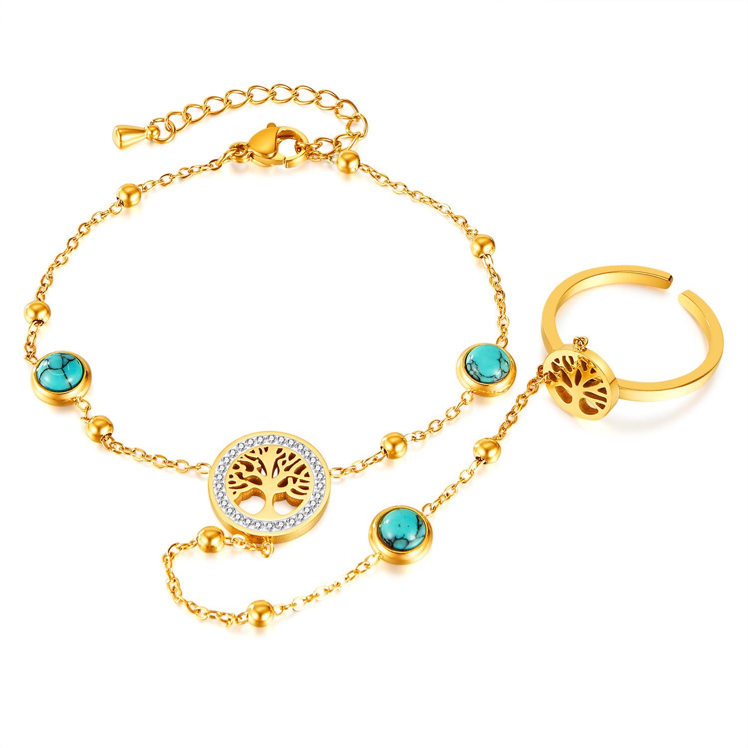 

Женское кольцо OPK из нержавеющей стали «Древо жизни» с бирюзой и интегрированной ручной цепочкой