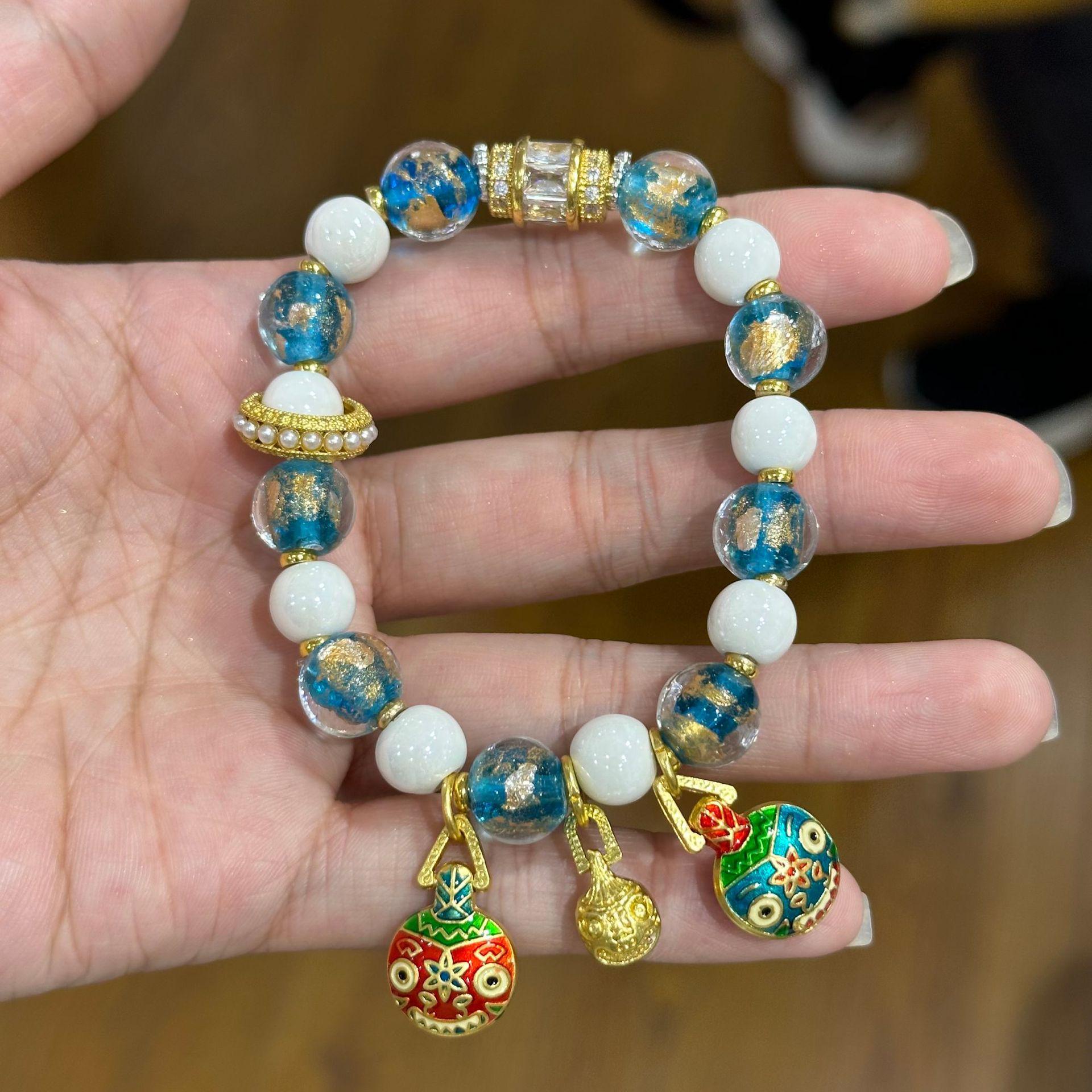 Blue and Gold Foil Porcelain Glaze Beaded Bracelet with Golden Beast Charm for Men and Women