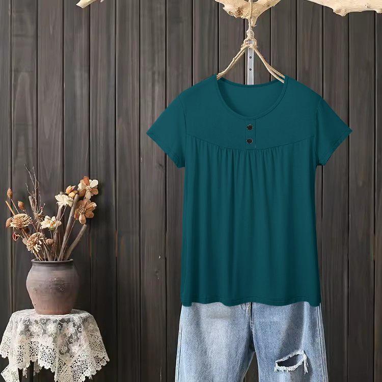 

Дофамин носит женский топ с короткими рукавами большого размера в иностранном стиле, новая свободная модель, скрывающая недостатки фигуры, для лета M темно-зеленого