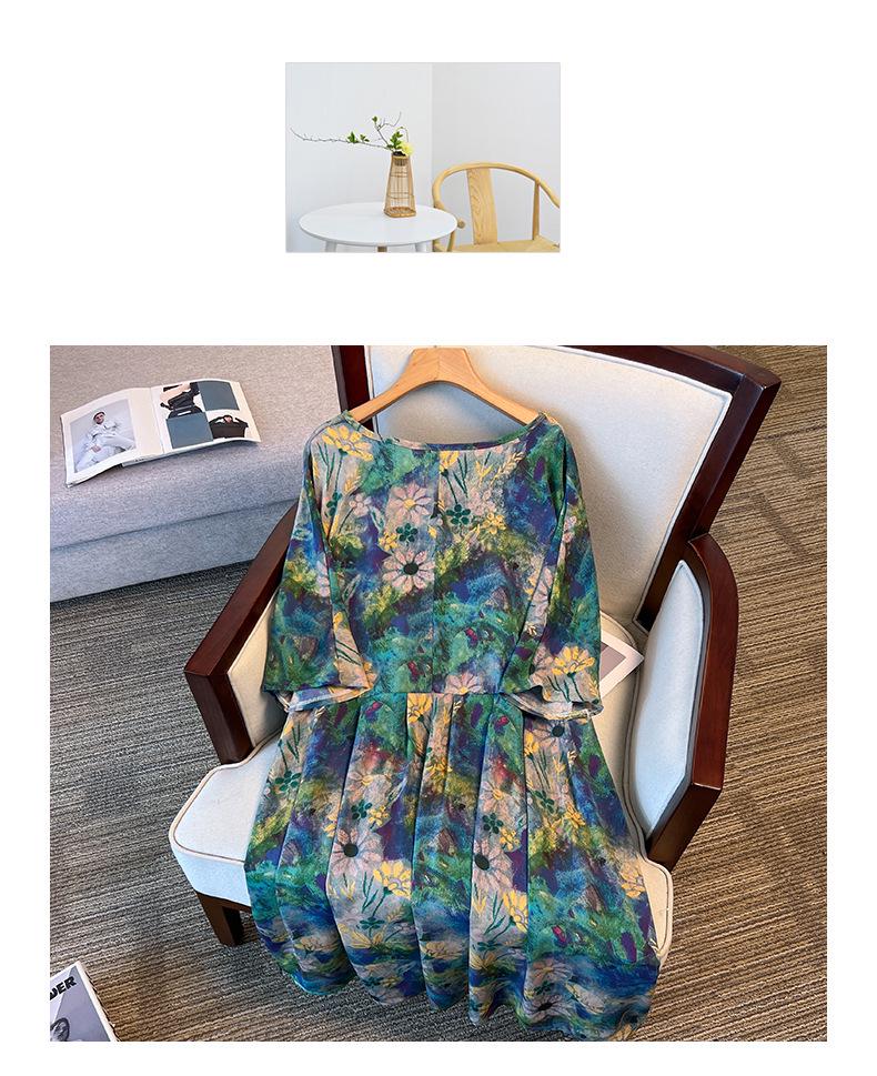 Artistic Retro Plus-Size Short-Sleeve Mid-Length Dress