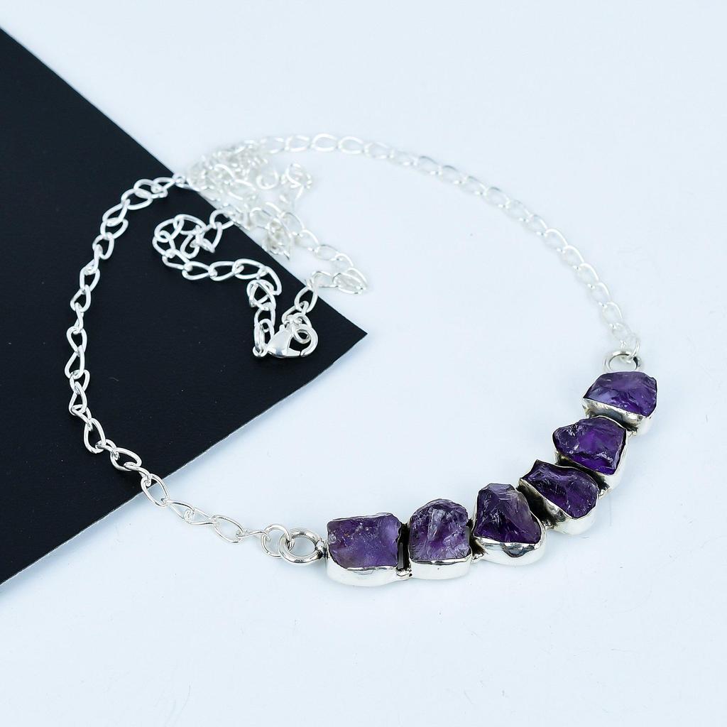 Collar de amatista natural en bruto en plata de ley 925, joyería de piedras preciosas hecha a mano, regalo perfecto para ella, collar de declaración bohemio para ideas de regalos.