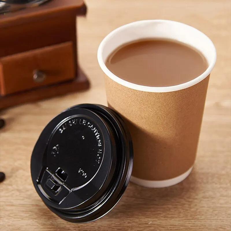 2Pcs/set Black/White Lid Coffee Paper Cups Kraft Paper Material Disposable Double Insulated Cup for Coffee Milk Hot Drinks