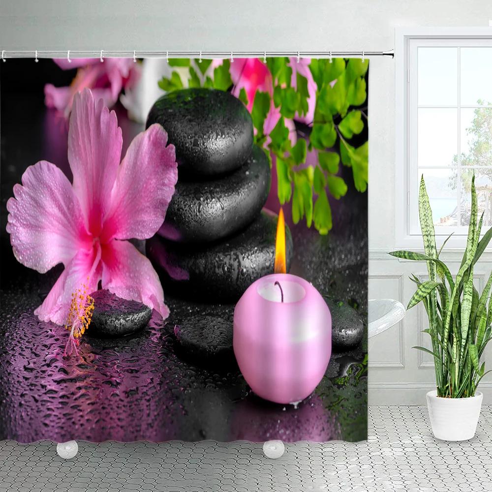3D Black Stone Green Bamboo Zen Shower Curtain Set Purple Orchid Buddha Natural Landscape Bathroom Decor Polyester Bath Curtains