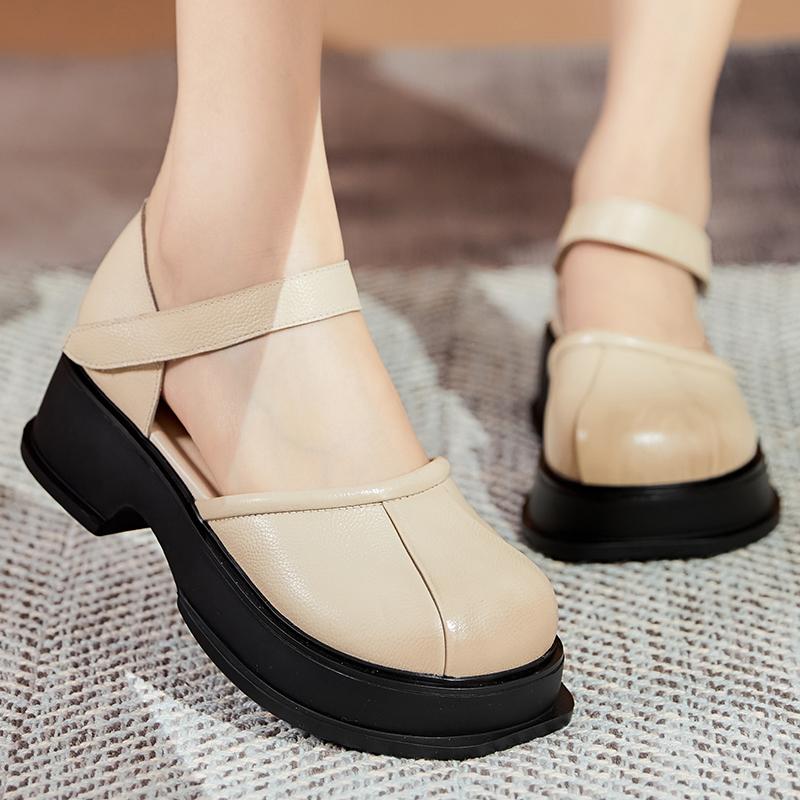 Fashion GKTINOO  Platform Sandals Women Hook&Loop Round Toe Genuine Leather Roman Casual Thick Soled Summer Ladies Shoes